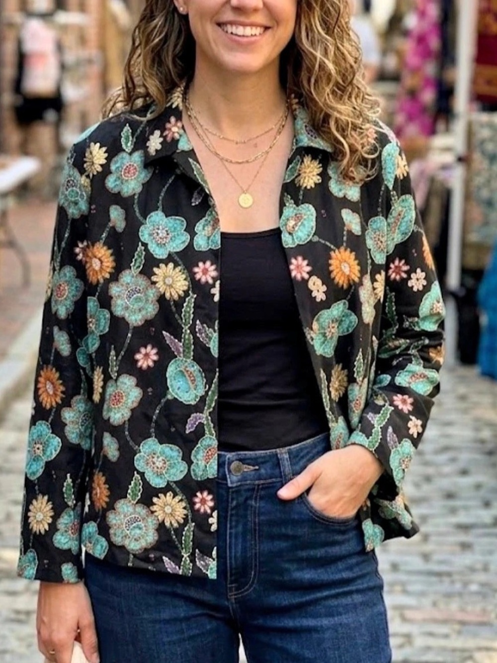 Chico's Design Floral Embroidered 100% Silk Jacket in Black Size 0 fits M